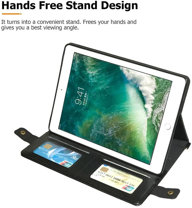 Alt view image 3 of 5 - Dteck Case for iPad 6th/5th Generation 9.7 Inch 2018/2017/iPad Air 2/1,Premium PU Leather Business Folio Stand Smart Auto Wake/Sleep Cover Shoulder/Hand Strap Pencil Holder Wallet Case,Black