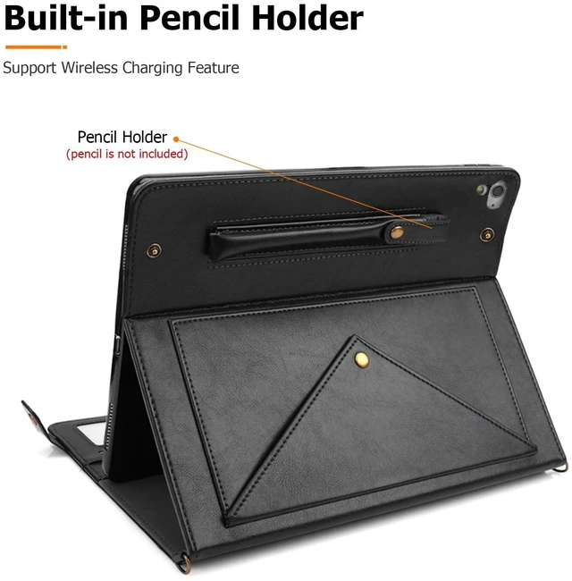 Alt view image 5 of 5 - Dteck Case for iPad 6th/5th Generation 9.7 Inch 2018/2017/iPad Air 2/1,Premium PU Leather Business Folio Stand Smart Auto Wake/Sleep Cover Shoulder/Hand Strap Pencil Holder Wallet Case,Black