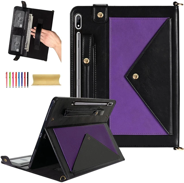 Main image of Dteck Case for Galaxy Tab S10 Plus/S9 FE Plus/S9+/S8+/S7 FE/S7+ 12.4",Business PU Leather Fold Stand Protective Cover with S Pen Holder Shoulder Hand Strap Card Slots Bag Wallet Cover,Purple/Black