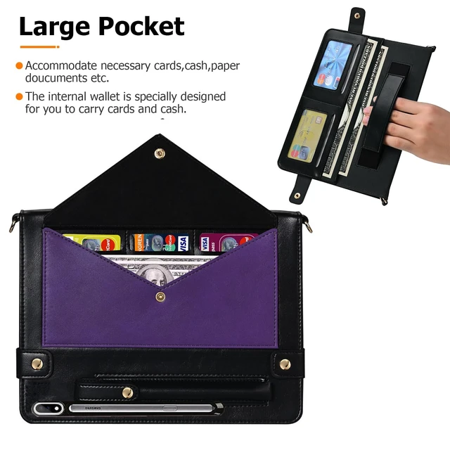 Alt view image 3 of 5 - Dteck Case for Galaxy Tab S10 Plus/S9 FE Plus/S9+/S8+/S7 FE/S7+ 12.4",Business PU Leather Fold Stand Protective Cover with S Pen Holder Shoulder Hand Strap Card Slots Bag Wallet Cover,Purple/Black