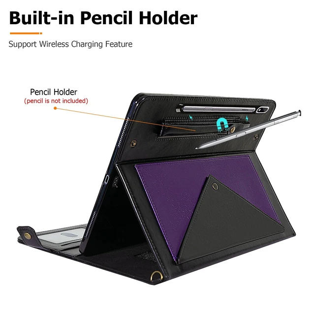 Alt view image 4 of 5 - Dteck Case for Galaxy Tab S10 Plus/S9 FE Plus/S9+/S8+/S7 FE/S7+ 12.4",Business PU Leather Fold Stand Protective Cover with S Pen Holder Shoulder Hand Strap Card Slots Bag Wallet Cover,Purple/Black