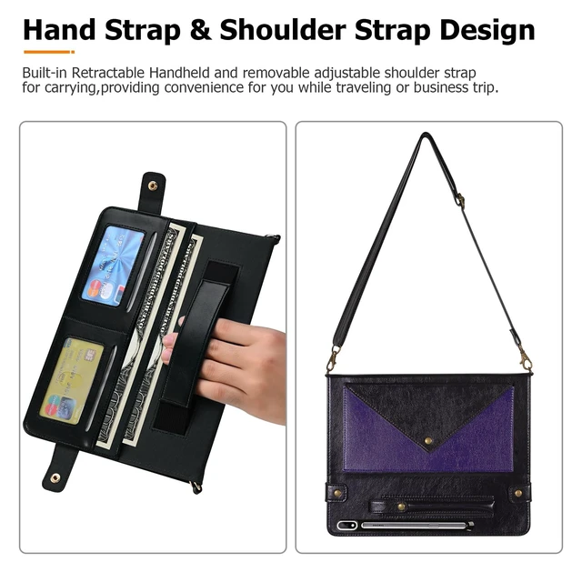 Alt view image 5 of 5 - Dteck Case for Galaxy Tab S10 Plus/S9 FE Plus/S9+/S8+/S7 FE/S7+ 12.4",Business PU Leather Fold Stand Protective Cover with S Pen Holder Shoulder Hand Strap Card Slots Bag Wallet Cover,Purple/Black