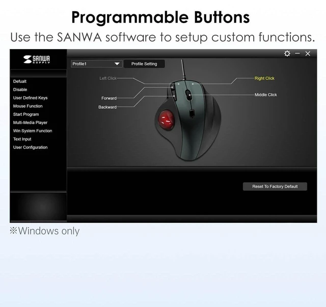 Alt view image 5 of 5 - SANWA Wired Ergonomic Trackball Mouse, Optical Rollerball Mice, Programmable Silent Buttons, 34mm Trackball, 600/800/1200/1600 Adjustable DPI, Compatible with MacBook, Laptop, Windows, macOS