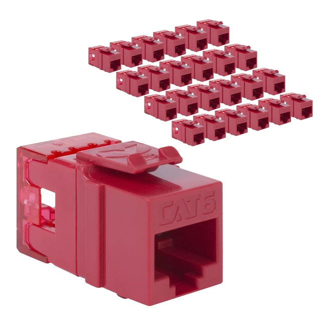 Main image of ICC CAT6 Keystone Jack with Slim Profile 180 Degree Punch Down, RJ45 UL Listed PoE++ TAA Compliant for Wall Plate or Patch Panel, Works with JackEasy Termination Tool, Red 25 Pack
