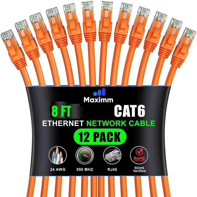 Main image of Maximm Cat6 Ethernet Cable 8 Ft, 10 Gbps 550 MHz, Orange, 12 Pack
