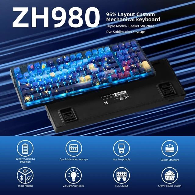 Alt view image 2 of 5 - ZORNHER ZH980 Mechanical Keyboard,95% Blue Creamy Keyboard with Number Pad,Van Gogh's Starry Night Dye Sublimation PBT Keycaps,Creamy Sounding Linear Switches,Hot-Swappable,RGB Backlit