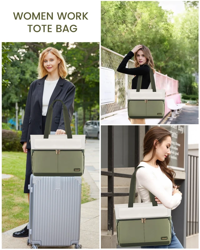 Alt view image 2 of 5 - LOVEVOOK Laptop Bag for Women 15.6 Inch Canvas Laptop Large Capacity Work Bags Mutiple Pockets Teacher Bag Water Resistant Computer Bags for Business Travel Nurse, Green Beige