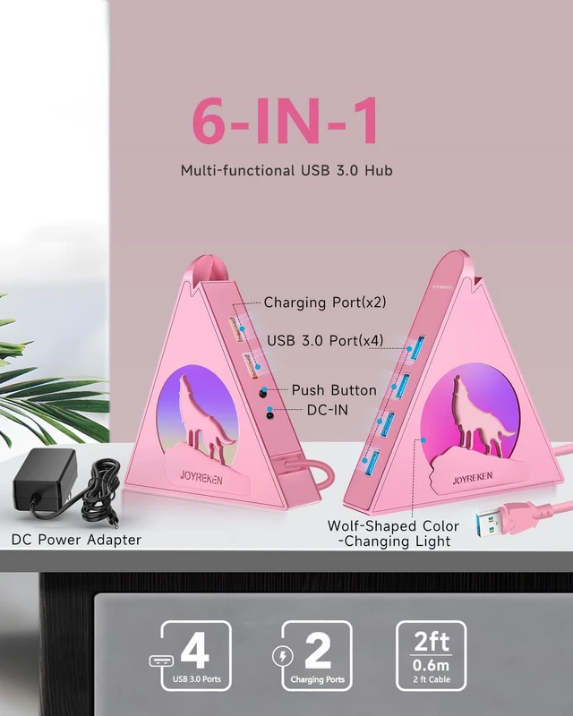 Alt view image 2 of 5 - Powered USB Hub 3.0, 6-Port Hub(4 USB 3.0 Data Ports + 2 Smart Charging Ports) with 48W AC Adapter, RGB Light, Compatible with PC, Laptop, Mac, External Hard Drives, PS4, Fast Charging for Phone(Pink)