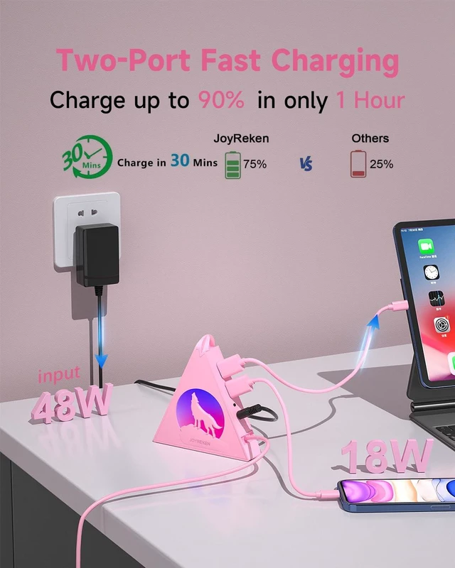 Alt view image 3 of 5 - Powered USB Hub 3.0, 6-Port Hub(4 USB 3.0 Data Ports + 2 Smart Charging Ports) with 48W AC Adapter, RGB Light, Compatible with PC, Laptop, Mac, External Hard Drives, PS4, Fast Charging for Phone(Pink)