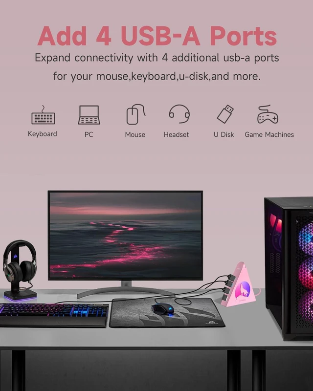 Alt view image 4 of 5 - Powered USB Hub 3.0, 6-Port Hub(4 USB 3.0 Data Ports + 2 Smart Charging Ports) with 48W AC Adapter, RGB Light, Compatible with PC, Laptop, Mac, External Hard Drives, PS4, Fast Charging for Phone(Pink)