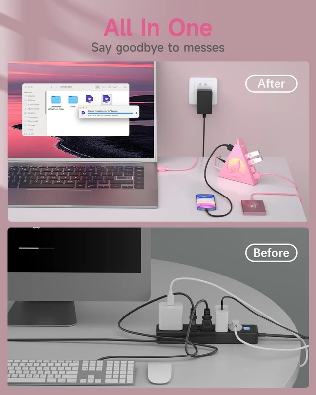 Alt view image 5 of 5 - Powered USB Hub 3.0, 6-Port Hub(4 USB 3.0 Data Ports + 2 Smart Charging Ports) with 48W AC Adapter, RGB Light, Compatible with PC, Laptop, Mac, External Hard Drives, PS4, Fast Charging for Phone(Pink)