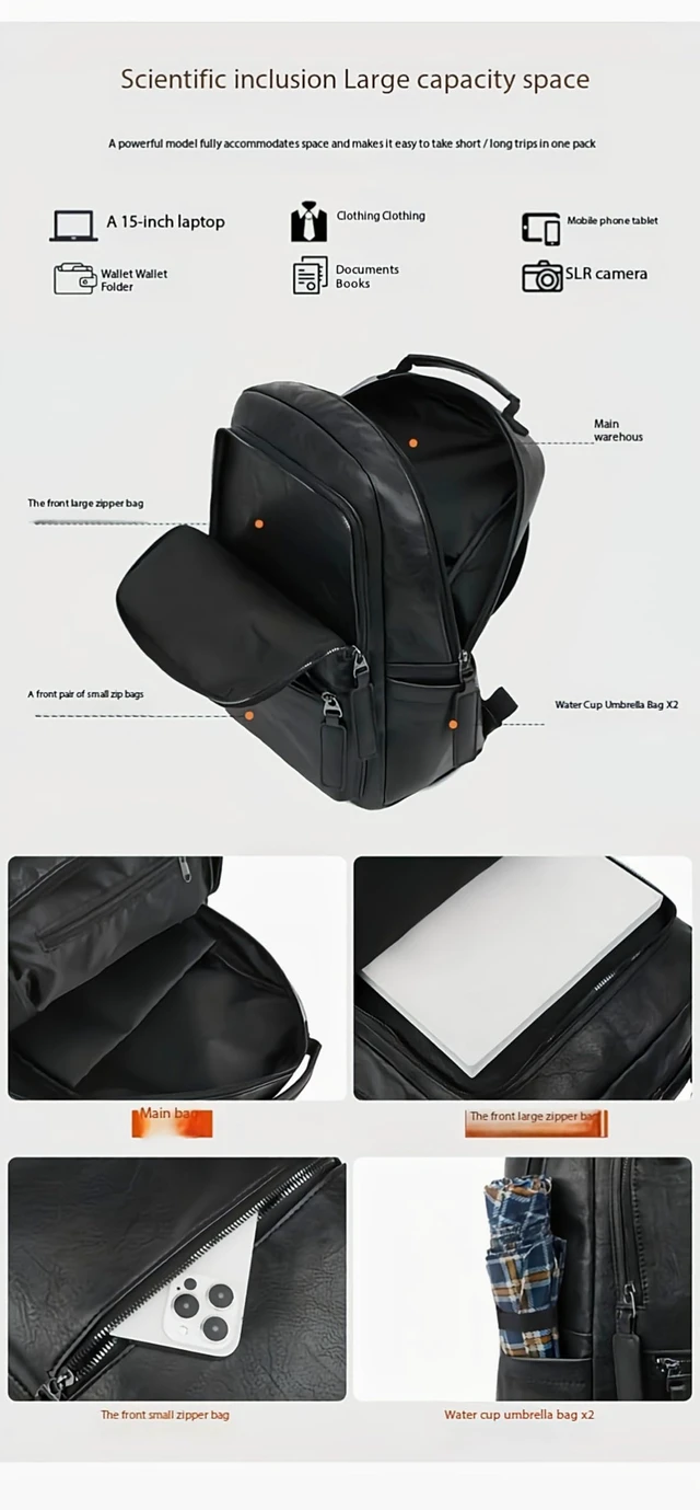 Alt view image 3 of 5 - CYLYWJD Unisex PU leather laptop bag work business bag hiking backpack leisure day bag university schoolbag (Large,Black 1)