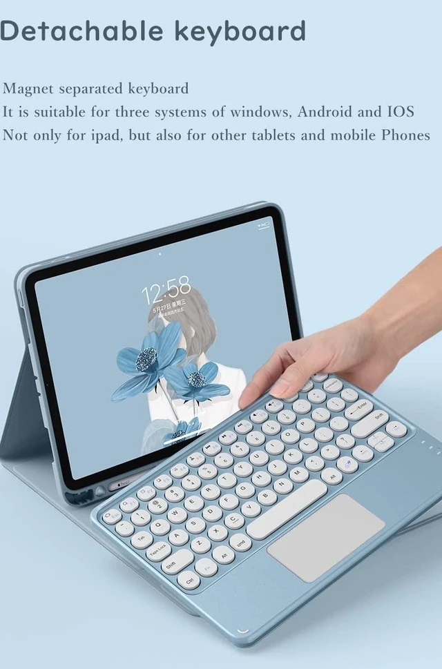 Alt view image 3 of 5 - HENGHUI Keyboard Case with Touchpad for iPad Air 13 inch M3 M2/ iPad Pro 12.9 inch 6th 5th 4th 3rd Generation Case with Cute Round Key Candy Color Detachable Keyboard (Blue)