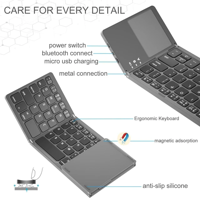 Alt view image 5 of 5 - Foldable Bluetooth Keyboard,Wireless Portable Keyboard with touchpad,Rechargeable Pocket-Size Folding Travel Keyboard for iOS,Android,Windows Devices-Space Gray