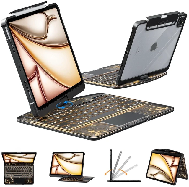 Main image of Transparent Case with Wireless Keyboard for iPad Air 11 Inch (M3/M2,2025/2024), 7 Colors Backlight, Multi-Touch Trackpad, 360 Rotating Stand Case for 10.9" iPad Air 5th/4th, 11" iPad Pro 4/3/2/