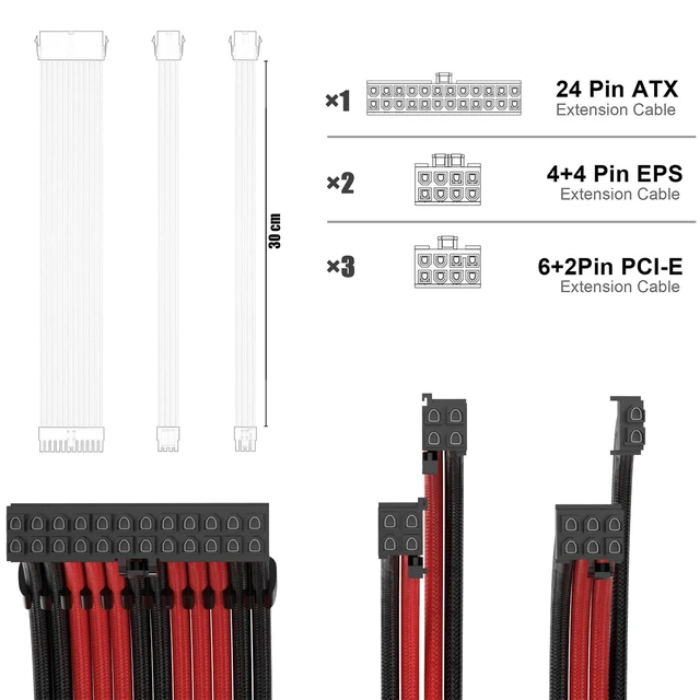 Alt view image 3 of 5 - ABNO1 PSU Cable Extension Kit - 30CM Length, Sleeved Cable, 1x24Pin/2x8Pin/3x8Pin for ATX Power Supply (Black/Red)