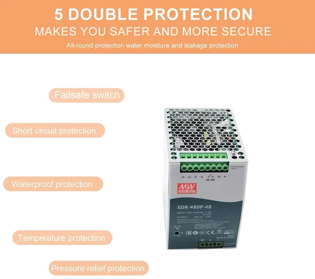 Alt view image 3 of 4 - MedInnov SDR-480P-48 480W 48V 10A DIN Rail Power Supply - 94% Efficiency, Active PFC, Parallel for High-Power Machine & Electrical Equipment, Reliable Power, Easy Install