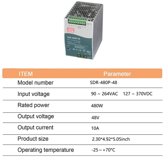 Alt view image 4 of 4 - MedInnov SDR-480P-48 480W 48V 10A DIN Rail Power Supply - 94% Efficiency, Active PFC, Parallel for High-Power Machine & Electrical Equipment, Reliable Power, Easy Install