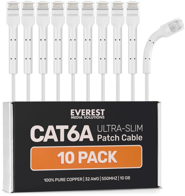 Main image of Everest Ultra Slim Cat6a Ethernet Patch Cables 3ft (10-Pack) White