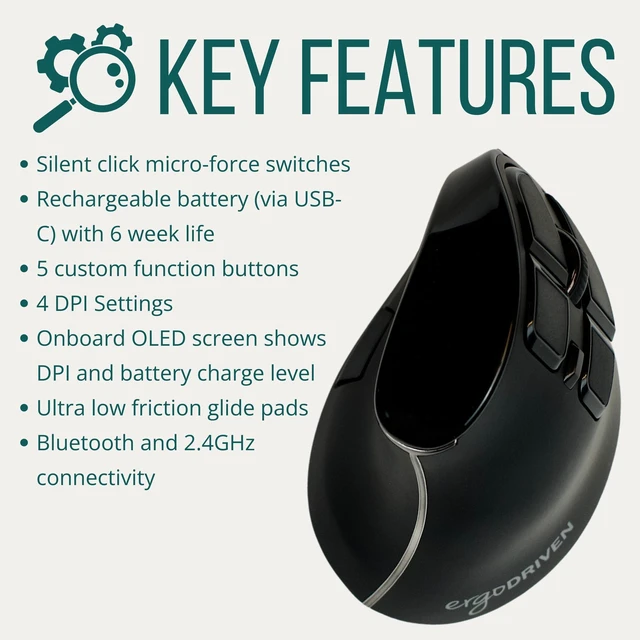 Alt view image 5 of 5 - Ergodriven Om Vertical Ergonomic Mouse ^^ Wireless: Bluetooth & 2.4G ^^ Rechargeable, Optical, 4 DPI Levels, 5 Custom Buttons ^^ for PC, Mac, Laptop, Computer ^^ Silent Click ^^ Copy/Paste Func