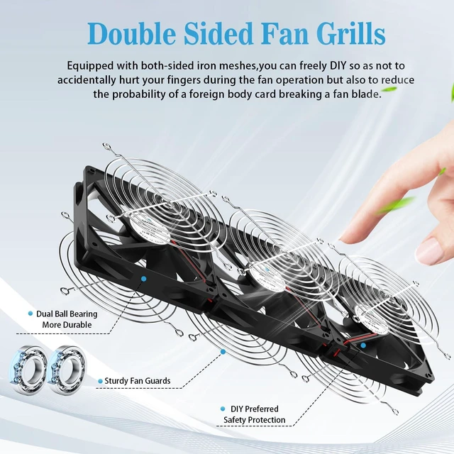 Alt view image 2 of 5 - 3X120mm Computer Fans with AC Plug & Speed Controller - 12V DC Cooling Fans for PC Case, Server Cabinet, Industrial Chassis, Greenhouse Ventilation