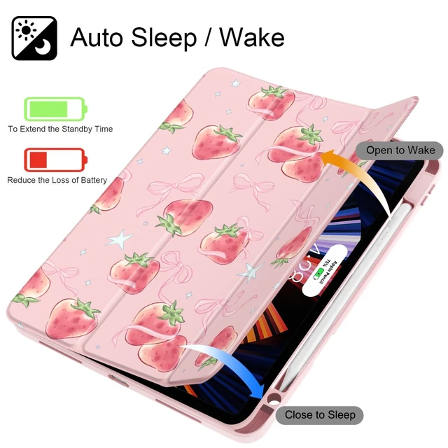 Alt view image 3 of 5 - May Chen for iPad Pro 11 inch M2 4th Generation 2022, iPad Pro 11 3rd/2nd/1st Gen, Case with Transparent Shockproof Back Cover [Built-in Pencil Holder, Auto Sleep/Wake, Bow Strawberry
