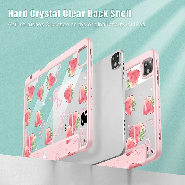 Alt view image 4 of 5 - May Chen for iPad Pro 11 inch M2 4th Generation 2022, iPad Pro 11 3rd/2nd/1st Gen, Case with Transparent Shockproof Back Cover [Built-in Pencil Holder, Auto Sleep/Wake, Bow Strawberry