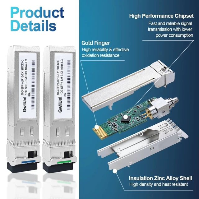 Alt view image 4 of 5 - 5 Pairs 10G BIDI SFP+ Single Mode Fiber Module Network Transceiver, LR SM 1270nm 1330nm 10km, Simplex LC Interface for Switch, Router, Firewall, Network Card, Server etc