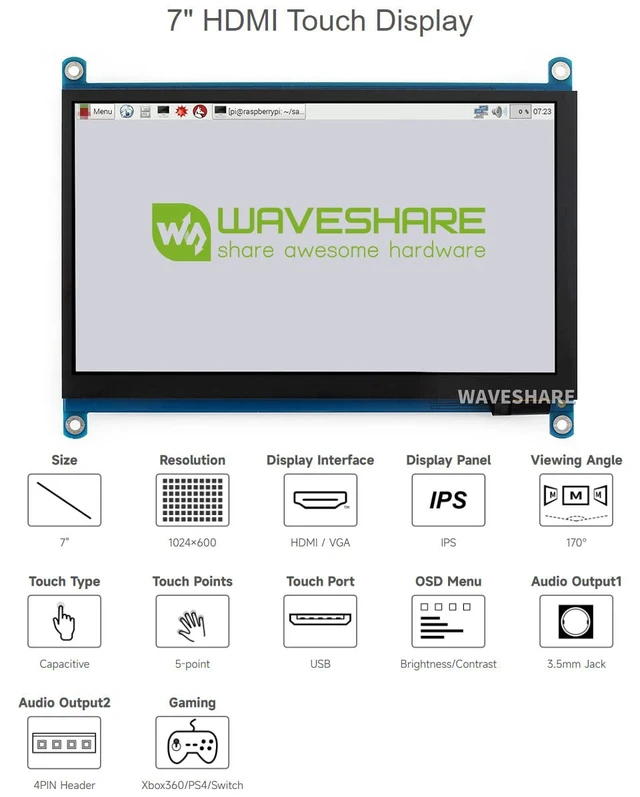 Alt view image 3 of 5 - waveshare 7inch Capacitive Touch Screen LCD Compatible with Raspberry Pi 5/4B/3B+/3A+/2B/B+/A+/Zero/Zero W/WH/Zero 2W CM3+/4 Series Boards 1024600 Resolution HDMI IPS Supports Windows