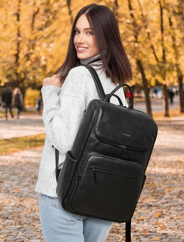 Alt view image 2 of 5 - tiamyi leather travel backpack for men and women, flap top laptop backpack fits 17.0 inch computer with luggage strap and separate padded compartment, black