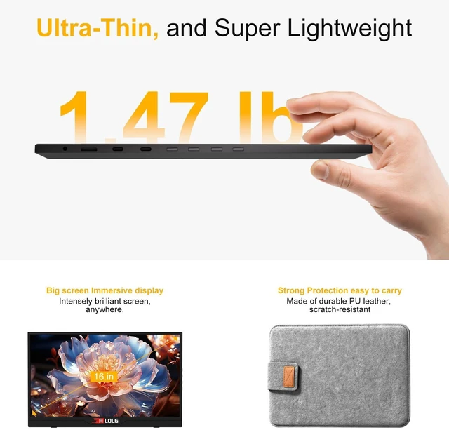 Alt view image 5 of 5 - ALOLG 144Hz 16" Portable Monitor 1920x1200 FHD IPS with USB-C Mini HDMI