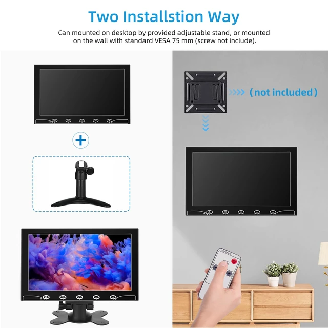 Alt view image 4 of 5 - AISHICHEN 10.1 Inch Small Monitor, Raspberry Pi Screen Built-in Speakers, Mini Display 1024 x 600, 60 Hz, 5ms, IPS Screen Display w/Remote Control, HDMI VGA AV BNC Input, Computer Monitor