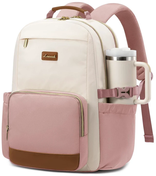 Main image of LOVEVOOK Laptop Backpack for Women with Pouch Pocket for Large Capacity Cup,15.6 Inch Teacher Nurse College Work Backpack Purse,Waterproof Laptop Bag Computer Back Pack for Travel, Beige-Pink-Brown