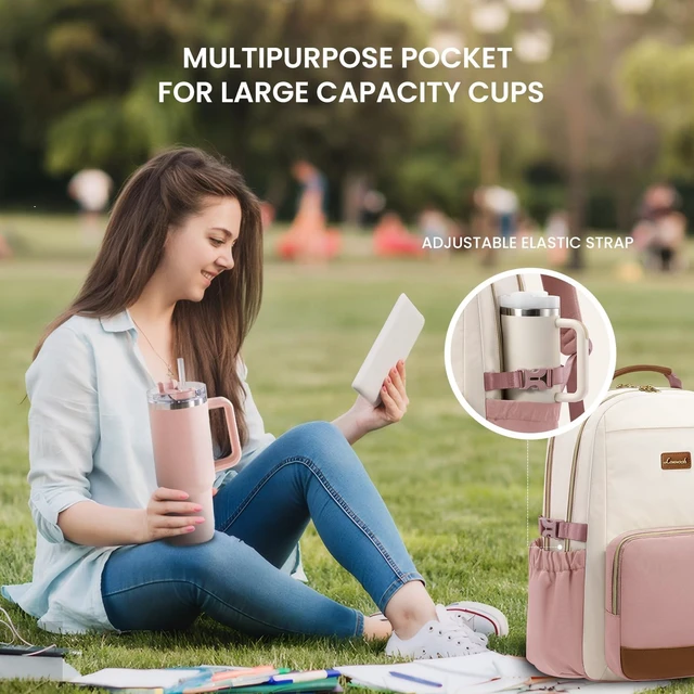 Alt view image 2 of 5 - LOVEVOOK Laptop Backpack for Women with Pouch Pocket for Large Capacity Cup,15.6 Inch Teacher Nurse College Work Backpack Purse,Waterproof Laptop Bag Computer Back Pack for Travel, Beige-Pink-Brown