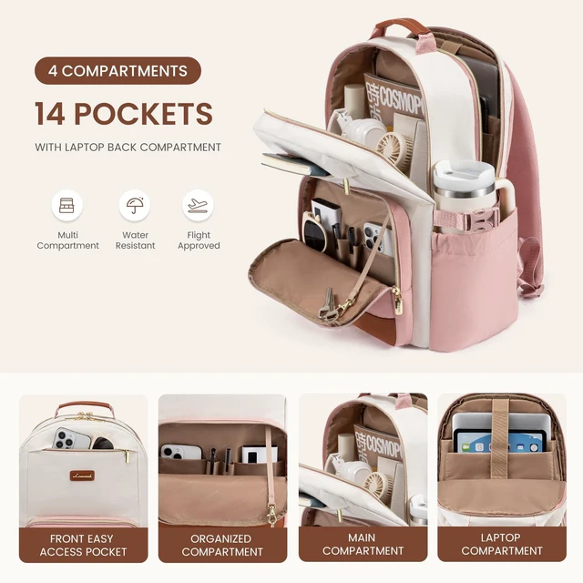 Alt view image 3 of 5 - LOVEVOOK Laptop Backpack for Women with Pouch Pocket for Large Capacity Cup,15.6 Inch Teacher Nurse College Work Backpack Purse,Waterproof Laptop Bag Computer Back Pack for Travel, Beige-Pink-Brown