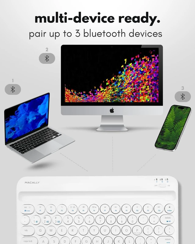 Alt view image 3 of 5 - Macally Bluetooth Keyboard for Tablet ^^ Wireless Keyboard for iPad mini/Air/Mini, iPhone (Multi-Device, Built-in Stand, Rechargeable) Easy to Use and Cute Portable - White