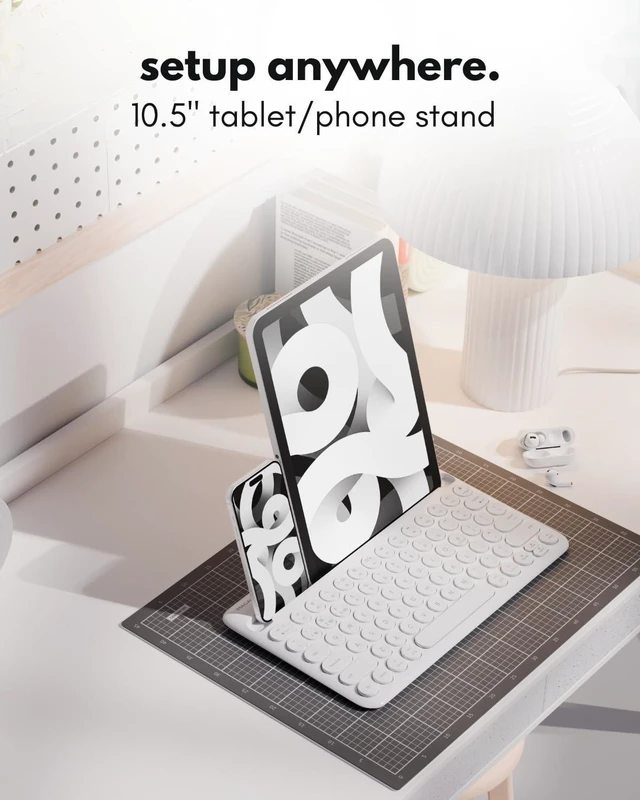 Alt view image 4 of 5 - Macally Bluetooth Keyboard for Tablet ^^ Wireless Keyboard for iPad mini/Air/Mini, iPhone (Multi-Device, Built-in Stand, Rechargeable) Easy to Use and Cute Portable - White