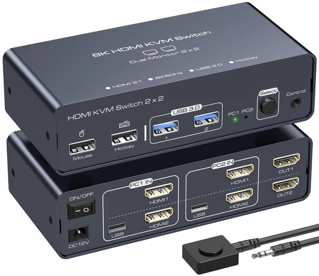 Main image of PVBCTCSID 8K HDMI KVM Switch 2 Monitors 2 Computers EDID 4K120Hz for 2 PC Share Dual Monitor and 4 USB Ports Support Extended/Copy Mode with Desktop Controller