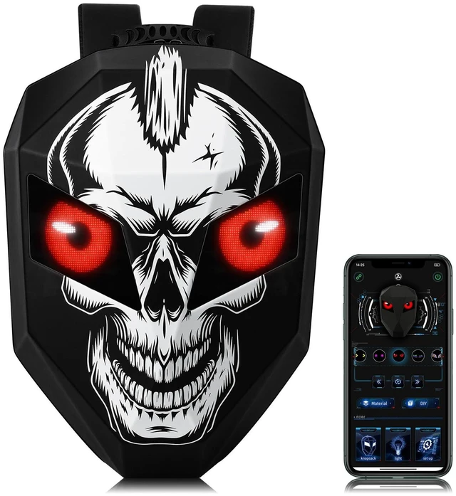 Main image of Gelrova Motorcycle Backpack with LED Eyes, App Control Waterproof Hard Case Motorbike Bag, DIY Laptop Backpack for Riding, Cycling, Travel, Large Size 19inch, Goth Skull Knight