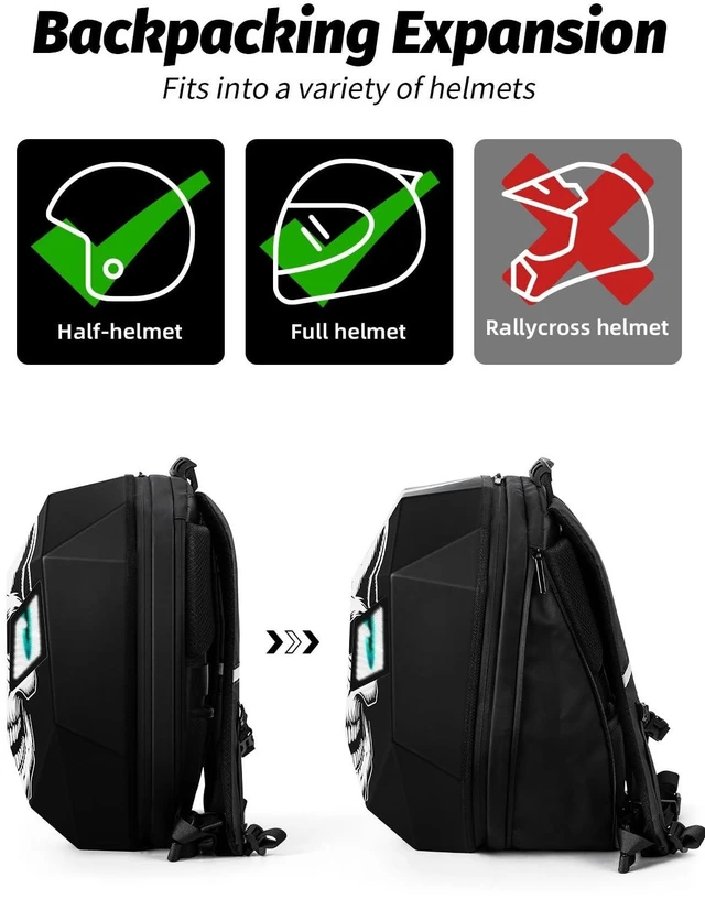 Alt view image 5 of 5 - Gelrova Motorcycle Backpack with LED Eyes, App Control Waterproof Hard Case Motorbike Bag, DIY Laptop Backpack for Riding, Cycling, Travel, Large Size 19inch, Goth Skull Knight