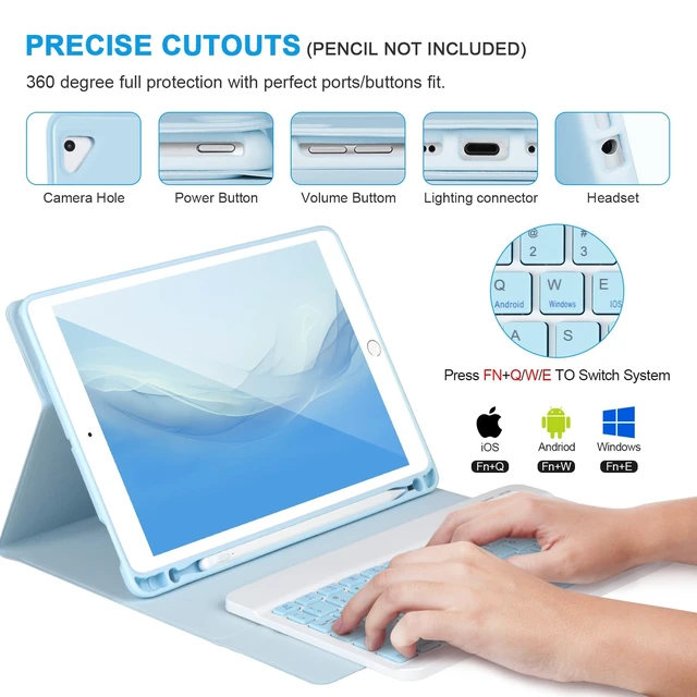 Alt view image 3 of 5 - for iPad 6/5th Generation Case with Keyboard 2018/2017,Detachable Bluetooth Keyboard case for iPad Air 2/1,iPad Keyboard Case 9.7 inch with Pencil Holder,Square Keycaps,Blue
