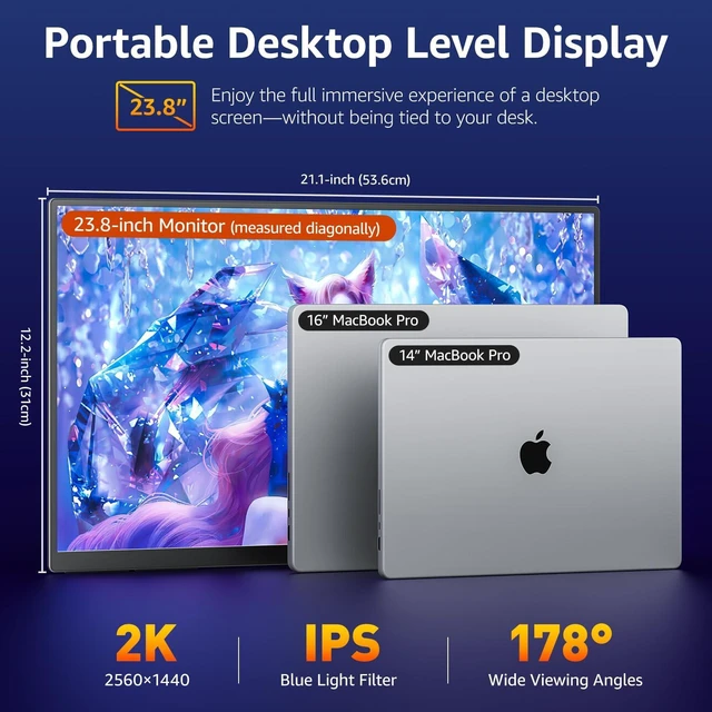 Alt view image 5 of 5 - VisionOwl Portable Monitor for Laptop, IPS USB-C HDMI Travel Second Monitor for MacBook Pro Air, PC, PS5, Xbox, Portable Second Screen, Built-in Kickstand, Speakers, VESA Mountable, 23.8 Inch