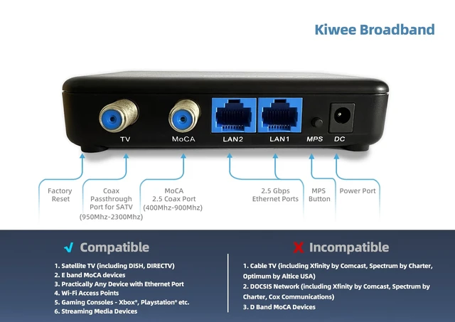 Alt view image 3 of 5 - MoCA 2.5 Adapter with Dual 2.5GbE Ports (2-Pack) ^^ Extended E Band (400900MHz) ^^ Satellite TV Compatible ^^ 2.5Gbps Wired LAN for Streaming, Gaming, Mesh WiFi ^^ Includes Cables ^^ KB-M3-02E