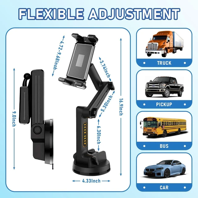 Alt view image 3 of 5 - WUITIN Tablet Mount for Truck, Car Phone Holder,Dashboard Windshield Phone Holder 16.9 inch Long Arm,Super Suction Cup Compatible with Pickup Truck,4.7-12.9in Tablet & iPad