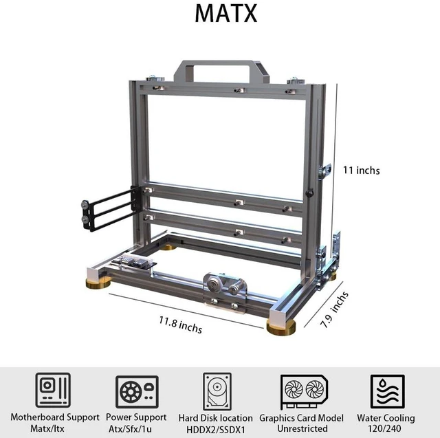 Alt view image 4 of 5 - DIY Open Frame PC Chassis, Aluminum Computer Case, Supports MATX Motherboard, Excellent Cooling, Type-C Support