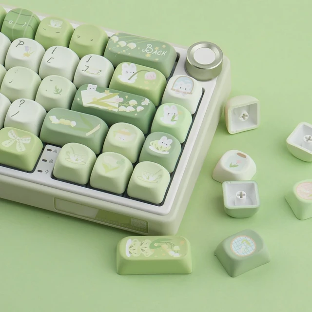 Alt view image 2 of 5 - TYRIXKI PBT Keycaps 134 Keys MOA Profile Cute Green Bunny Keycaps