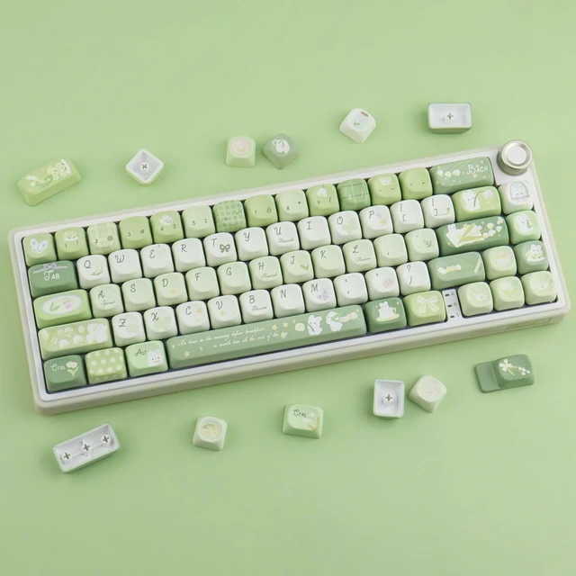 Alt view image 3 of 5 - TYRIXKI PBT Keycaps 134 Keys MOA Profile Cute Green Bunny Keycaps