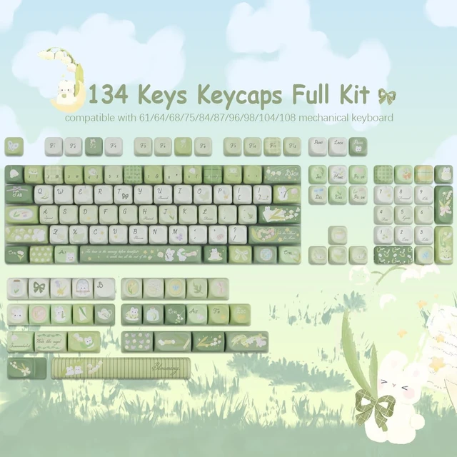 Alt view image 4 of 5 - TYRIXKI PBT Keycaps 134 Keys MOA Profile Cute Green Bunny Keycaps