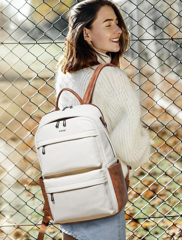 Alt view image 2 of 5 - tiamyi Vegan Leather Backpack for Women and Men, Fits 16.0 Inch Laptop, Multi-Pocket Design with Water Bottle and Luggage Strap, Ideal for Work, Travel, and Daily Use, Beige