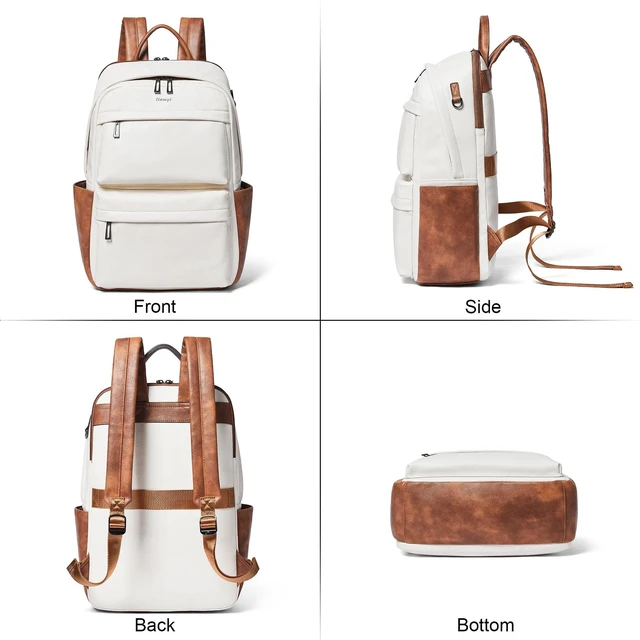 Alt view image 4 of 5 - tiamyi Vegan Leather Backpack for Women and Men, Fits 16.0 Inch Laptop, Multi-Pocket Design with Water Bottle and Luggage Strap, Ideal for Work, Travel, and Daily Use, Beige